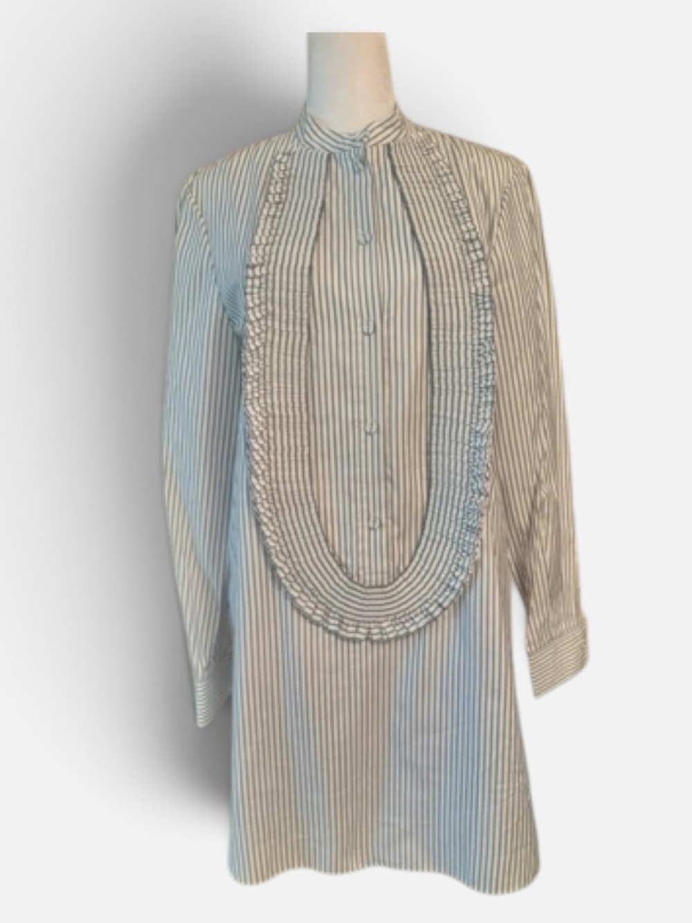 NWT Burberry cotton Striped Ruffle Bib Tunic shirt/dress in White and Navy